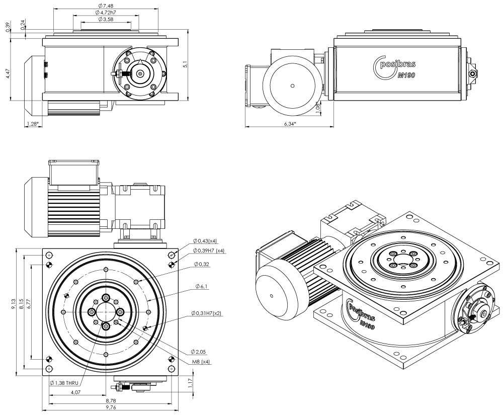 Principais dimensões da mesa indexadora M190 sistema imperial