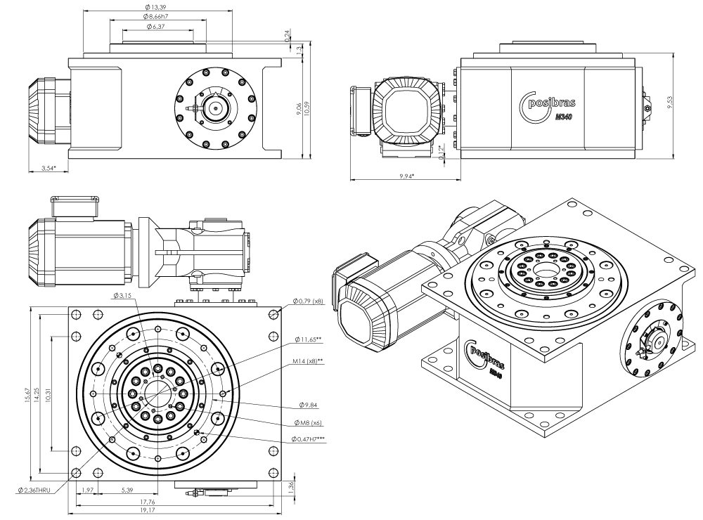 Principais dimensões da mesa indexadora M340 sistema imperial