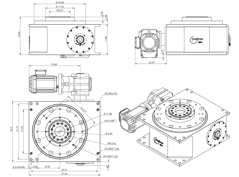 Principais dimensões da mesa indexadora M510 sistema imperial