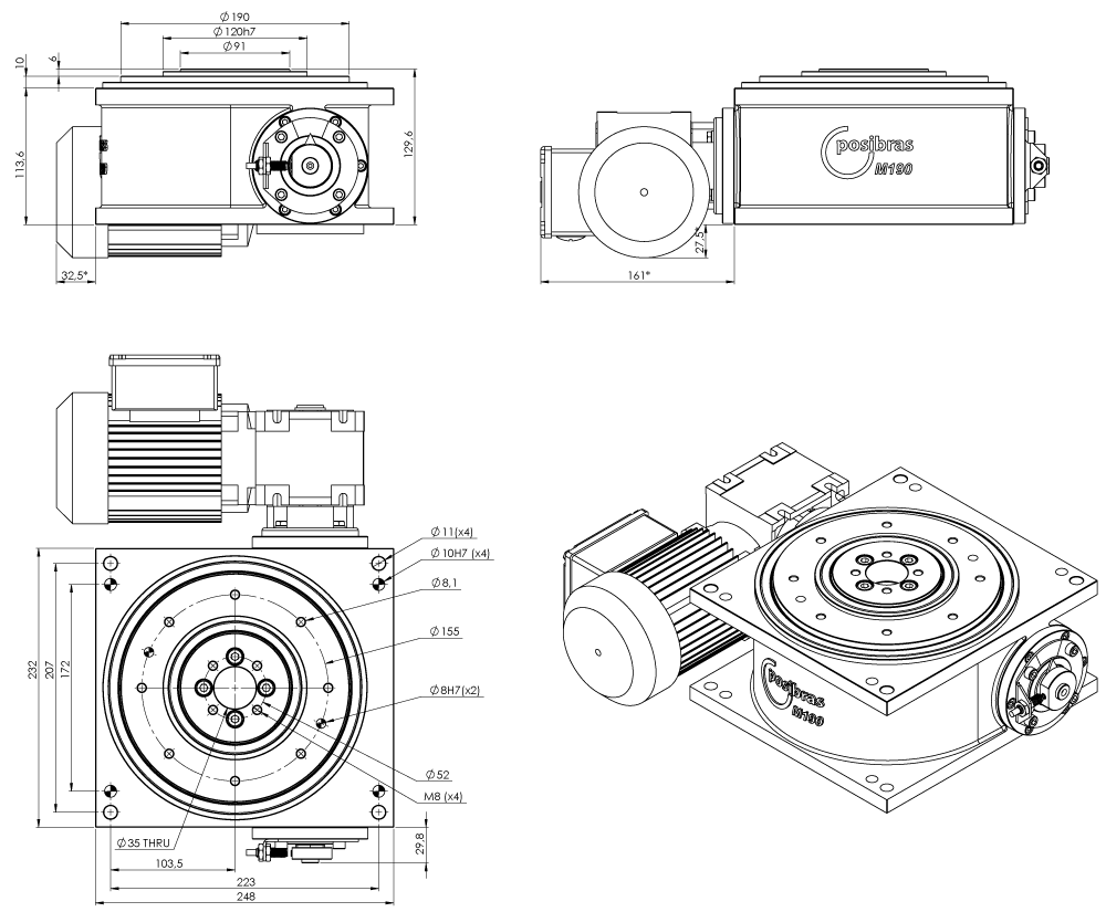 Principais dimensões da mesa indexadora M190 sistema métrico