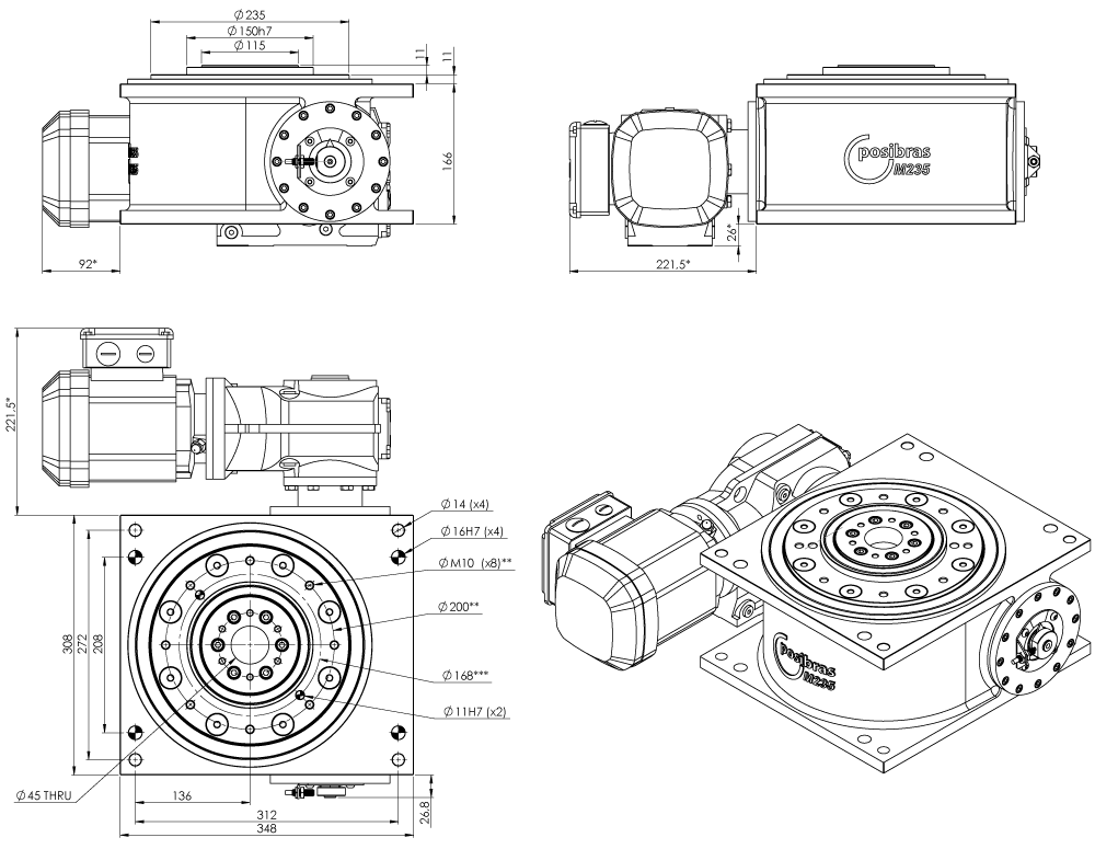 Principais dimensões da mesa indexadora M235 sistema métrico